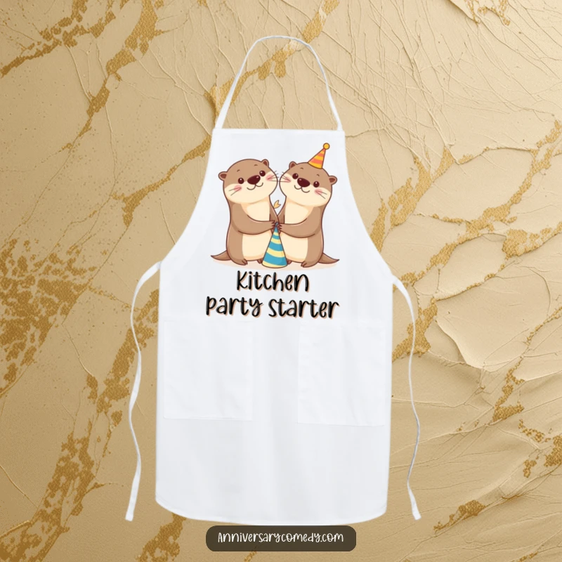 Funny otter apron with two cheerful otters holding hands near a party hat, perfect for kitchen fun and festive cooking.