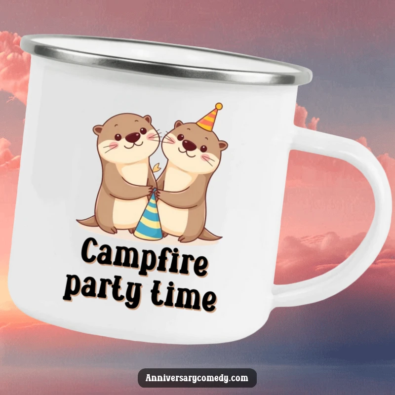 Funny otter camping mug depicting two cheerful otters holding hands near a party hat, ideal for outdoor adventures and celebrations.