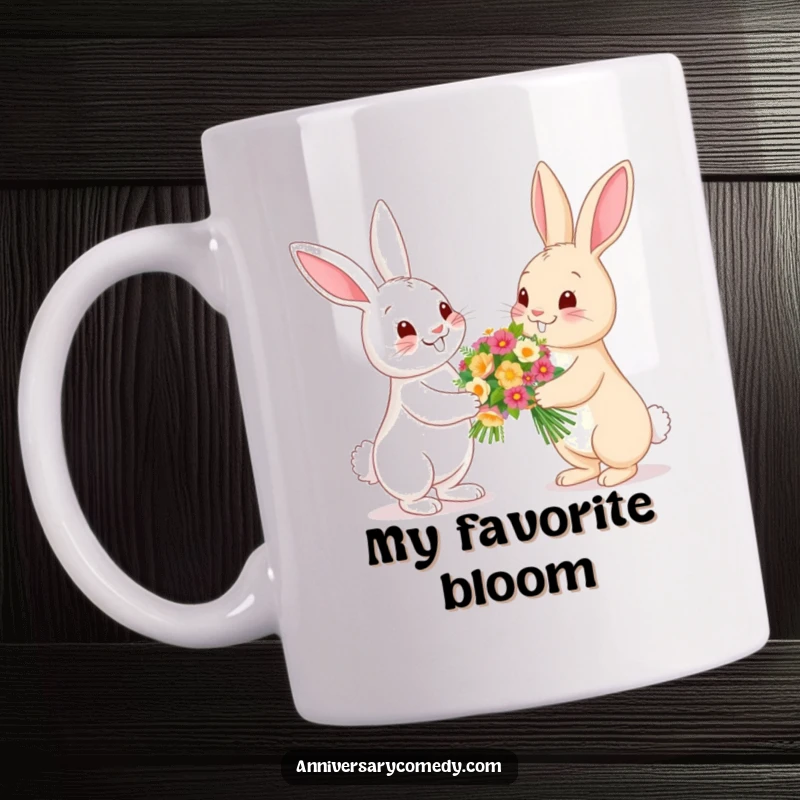 Funny bunny mug with one bunny presenting a bouquet of flowers to another, symbolizing kindness and sweetness, perfect for gardeners.