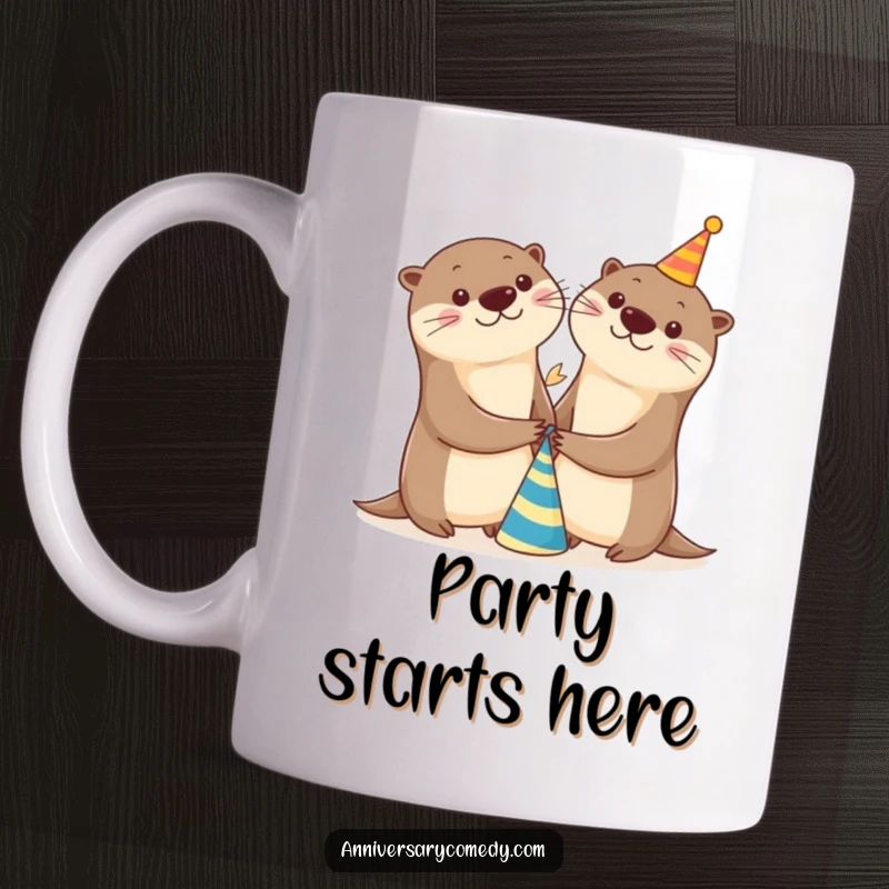 Funny otter mug with two cheerful otters holding hands near a party hat, celebrating joy and friendship, perfect for parties.