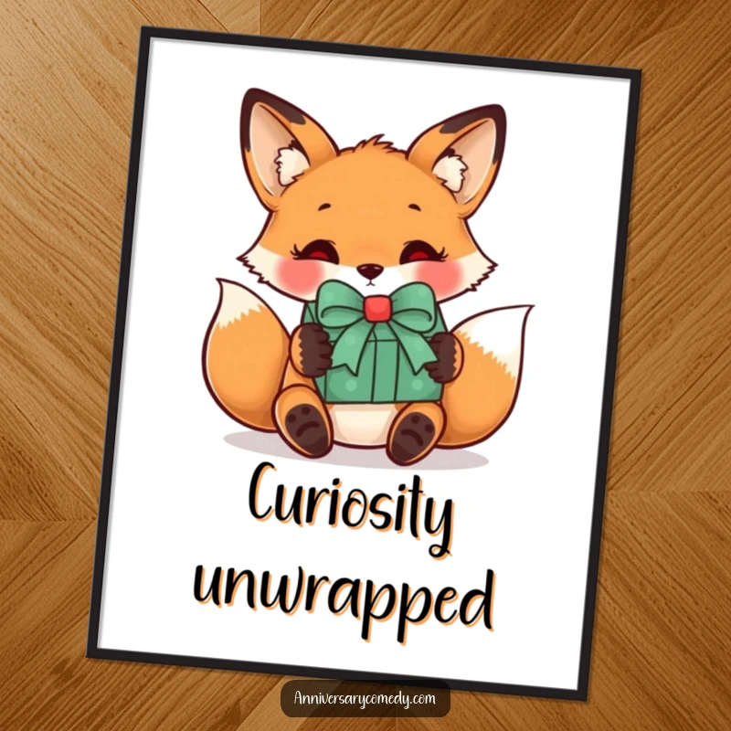 Funny fox digital art print showing a curious fox receiving a wrapped gift with a bow, ideal for intriguing wall decor.