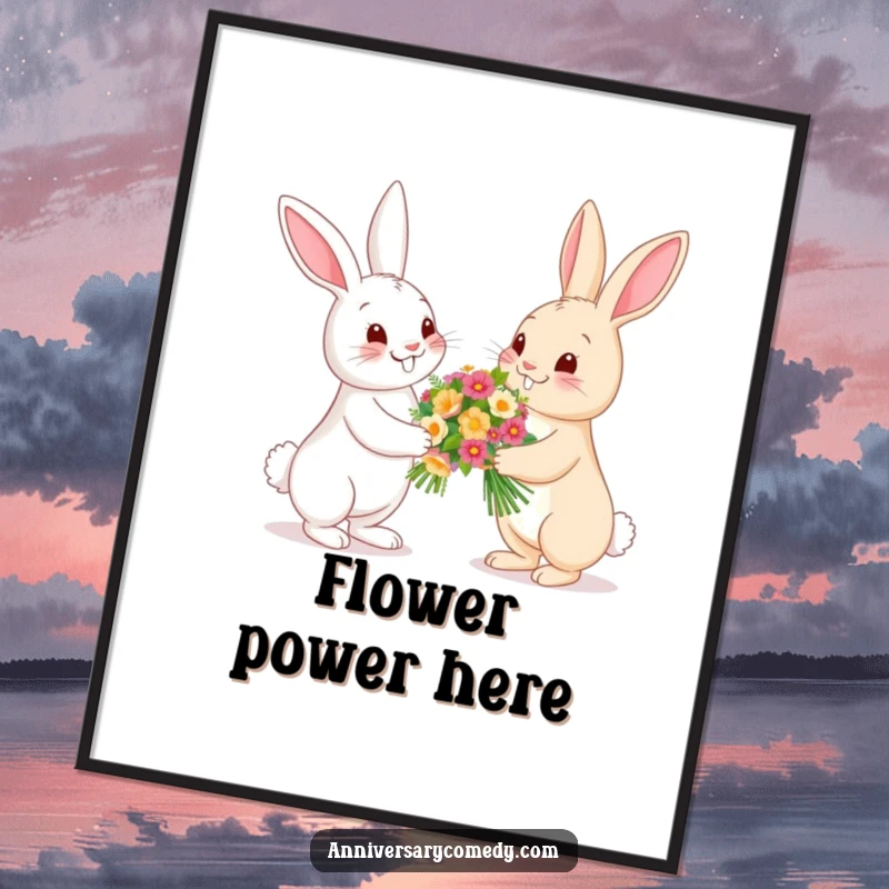 Funny bunny digital art print showing bunnies exchanging flowers, a sweet and humorous illustration for instant wall decor.
