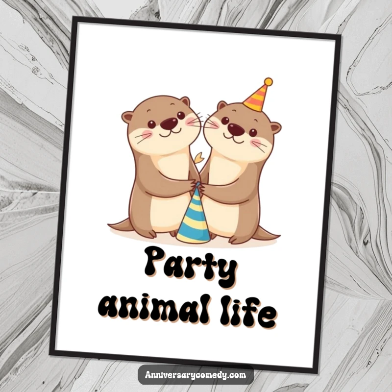 Funny otter digital art print showing two cheerful otters holding hands with a party hat, perfect for festive wall decor.