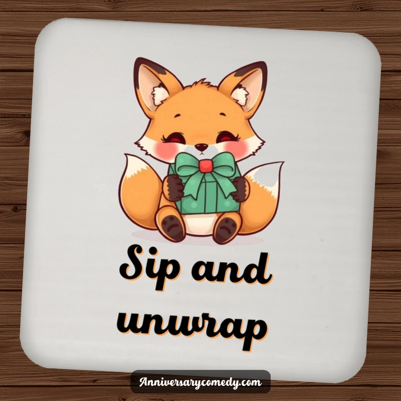 Funny fox drink coaster with a curious fox receiving a gift, protecting surfaces with a touch of mystery and delight.