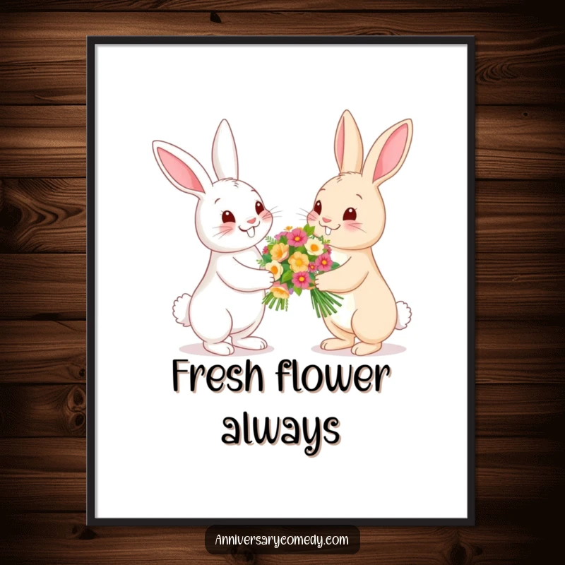 Funny bunny poster art showing bunnies exchanging a bouquet of flowers, a sweet and humorous illustration for garden lovers.