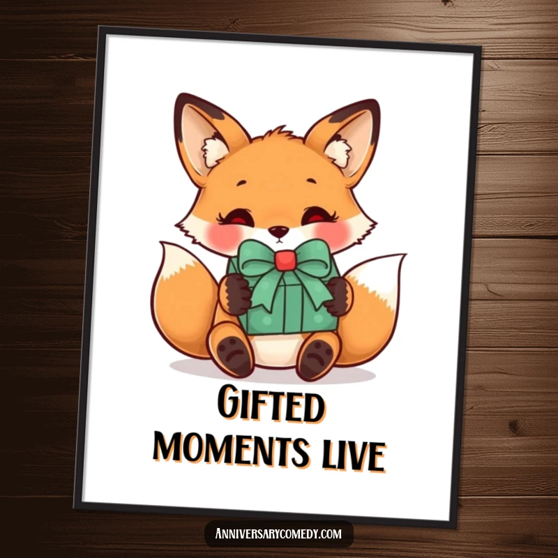 Funny fox poster art showing a curious fox receiving a wrapped gift with a bow, perfect for adding wonder to wall decor.