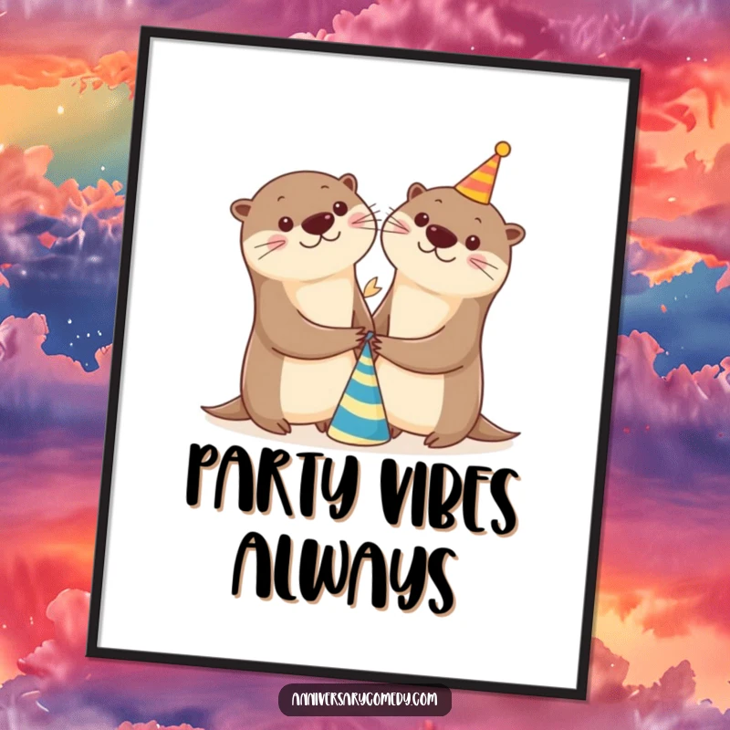 Funny otter poster art showing two cheerful otters holding hands by a party hat, ideal for festive and joyful wall decoration.