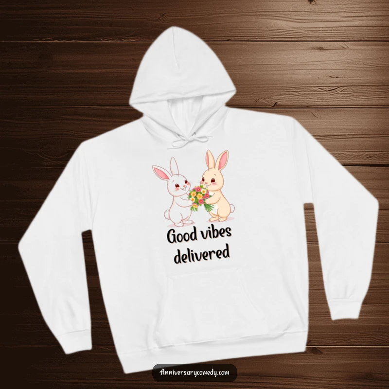 Funny bunny hoodie with happy bunnies exchanging flowers, offering cozy charm and a touch of nature's beauty.