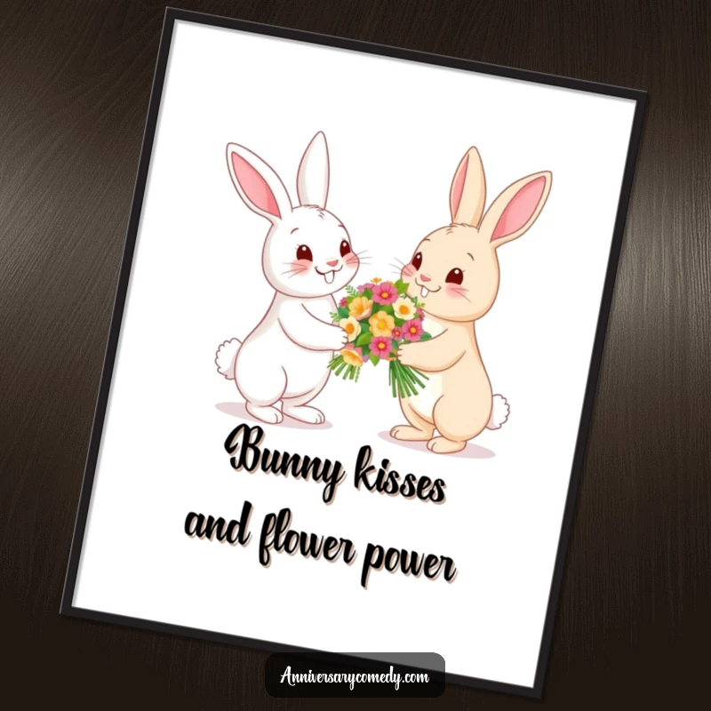 Funny Free Printable Wall Art: A happy bunny presenting a bouquet of flowers to another bunny, cute downloadable art for any wall.