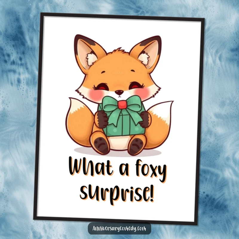 Funny Free Printable Wall Art: A curious fox receiving a wrapped gift with a bow, a charming and intriguing downloadable image.
