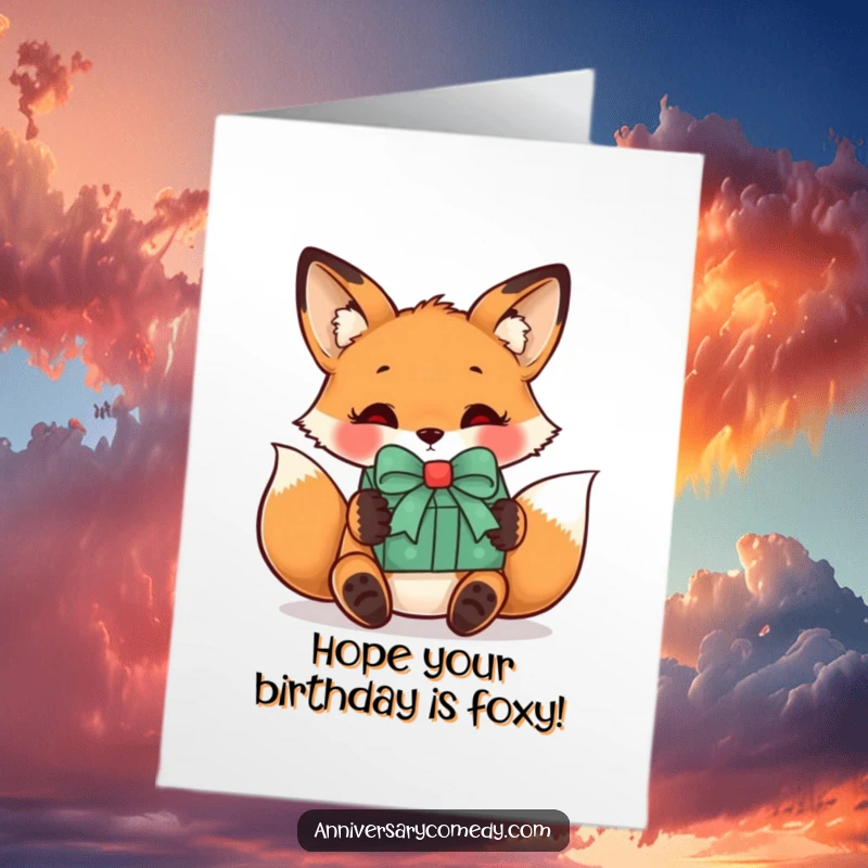 Funny Free Printable Birthday Card: A curious fox receiving a wrapped gift with a bow, anticipating a birthday surprise.