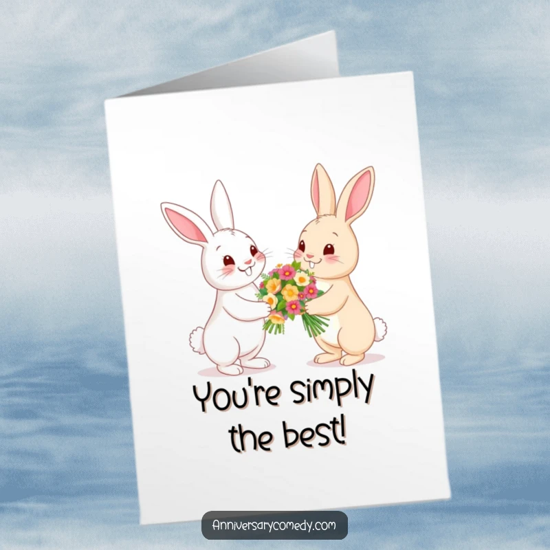 Funny Free Printable Congratulations Card: A happy bunny giving a bouquet of flowers to another bunny, symbolizing joy and achievement.