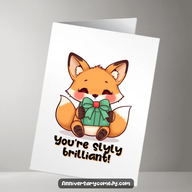 Funny Free Printable Congratulations Card: A curious fox receiving a wrapped gift with a bow, celebrating an amazing accomplishment.
