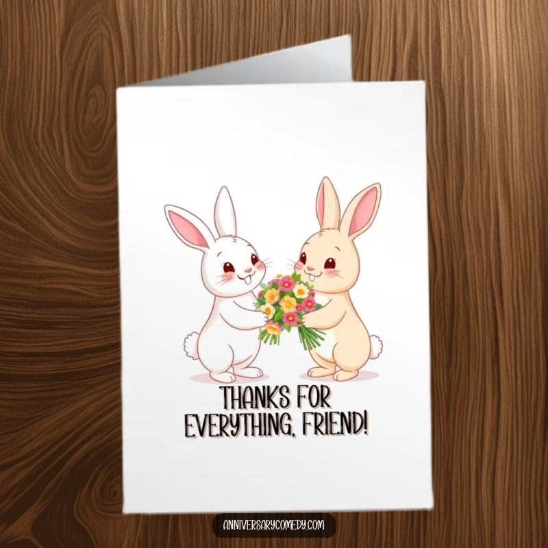 Funny Free Printable Thank You Card: A happy bunny presents a bouquet of flowers to another bunny, a beautiful way to say thanks.