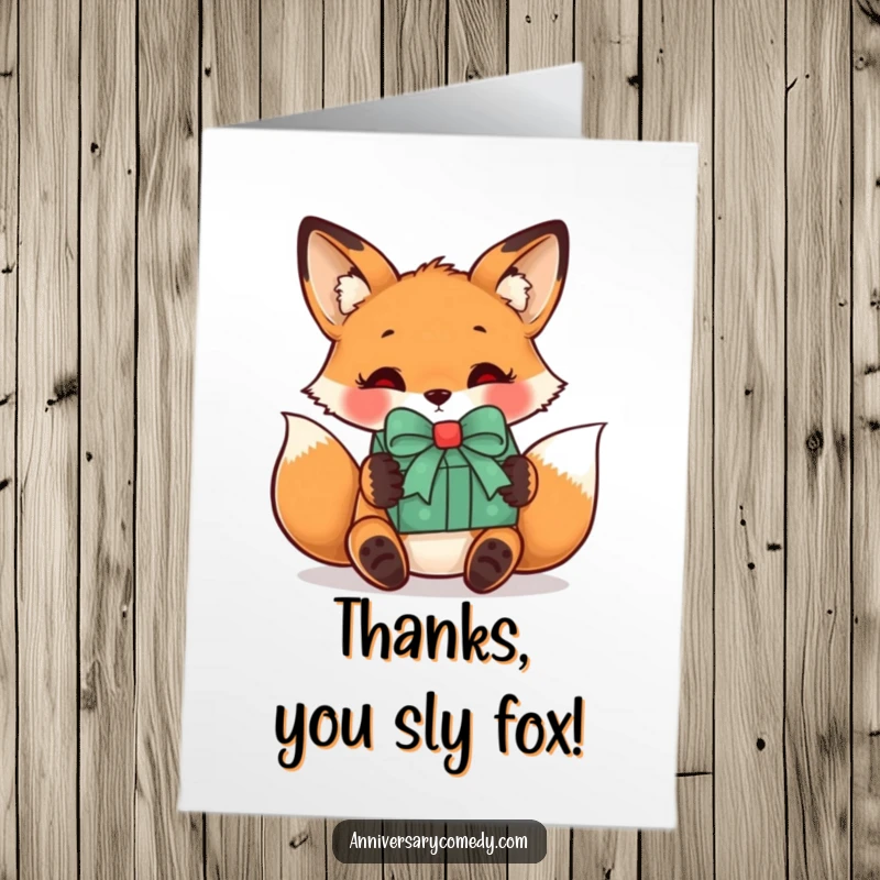 Funny Free Printable Thank You Card: A curious fox receiving a wrapped gift with a bow, a delightful expression of thanks.
