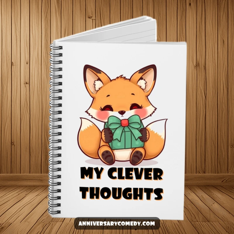 Funny fox notebook with a curious fox receiving a gift, perfect for journaling, note-taking, and capturing curious thoughts.