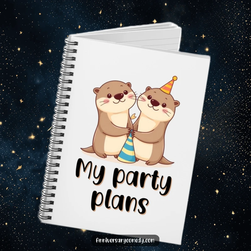 Funny otter notebook with two cheerful otters holding hands beside a party hat, perfect for jotting down party ideas and notes.