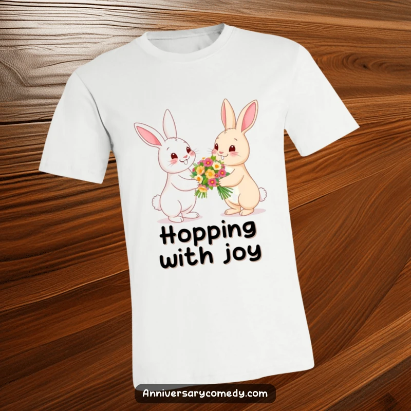 Funny bunny t-shirt featuring a happy bunny giving flowers to another, a sweet and humorous design for garden enthusiasts.