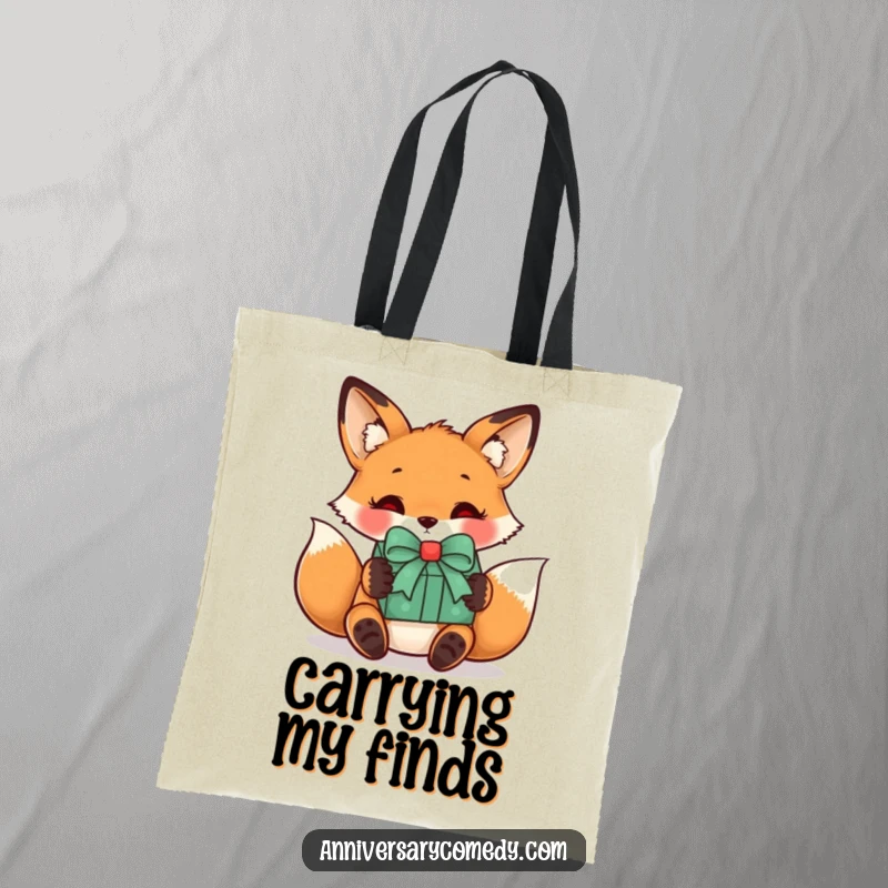 Funny fox tote bag with a curious fox receiving a wrapped gift with a bow, perfect for carrying essentials and showing love for gifts.