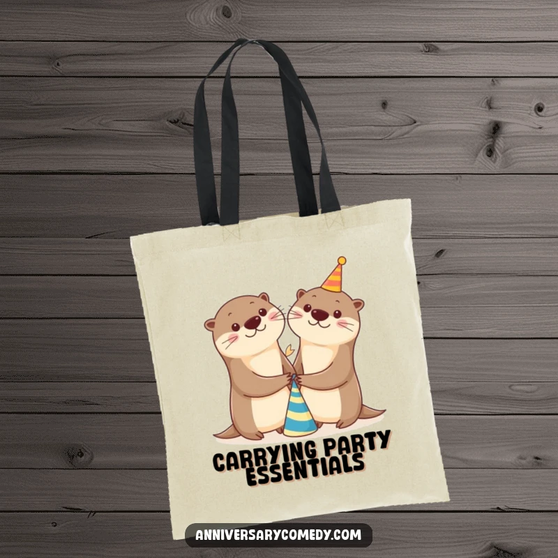 Funny otter tote bag with two cheerful otters holding hands near a party hat, perfect for carrying party supplies and essentials.